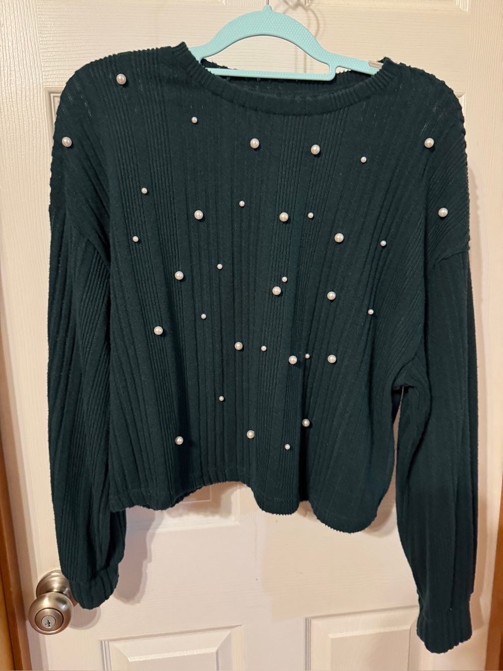 Dark Green Ribbed Sweater with Pearl Accents Size Large